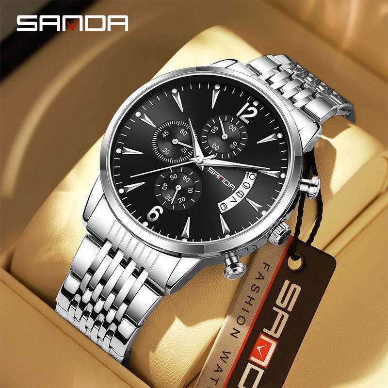 Sanda Retro Men's Waterproof Quartz Wristwatch with Small Seconds and Calendar - Fashionable Steel Band.