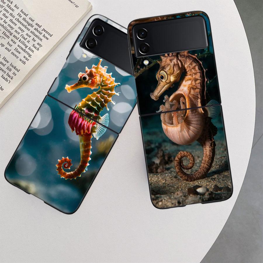 Seahorse Underwater Fantasy Case For Samsung Z Flip 6 5G Galaxy Z Flip 5 4 3 5G Black Hard Cell Phone Cover Luxury PC Shell Coqu
