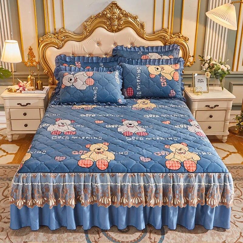 Princess Lace Quilted Bed Spreads Crystal Velvet Bedding Sheets Set King Queen Size Thick Winter Warm Cotton Wedding Bed Cover