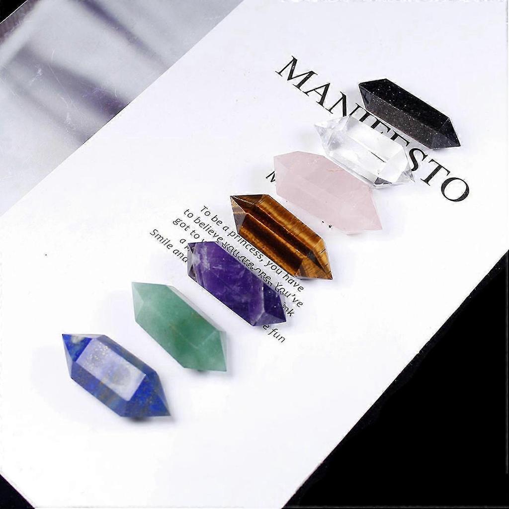 Double Points Natural Crystal Stone Pillar 7 Pcs Wooden Gift Box Packaging Set Healing Crystal Wand For Home Bedroom