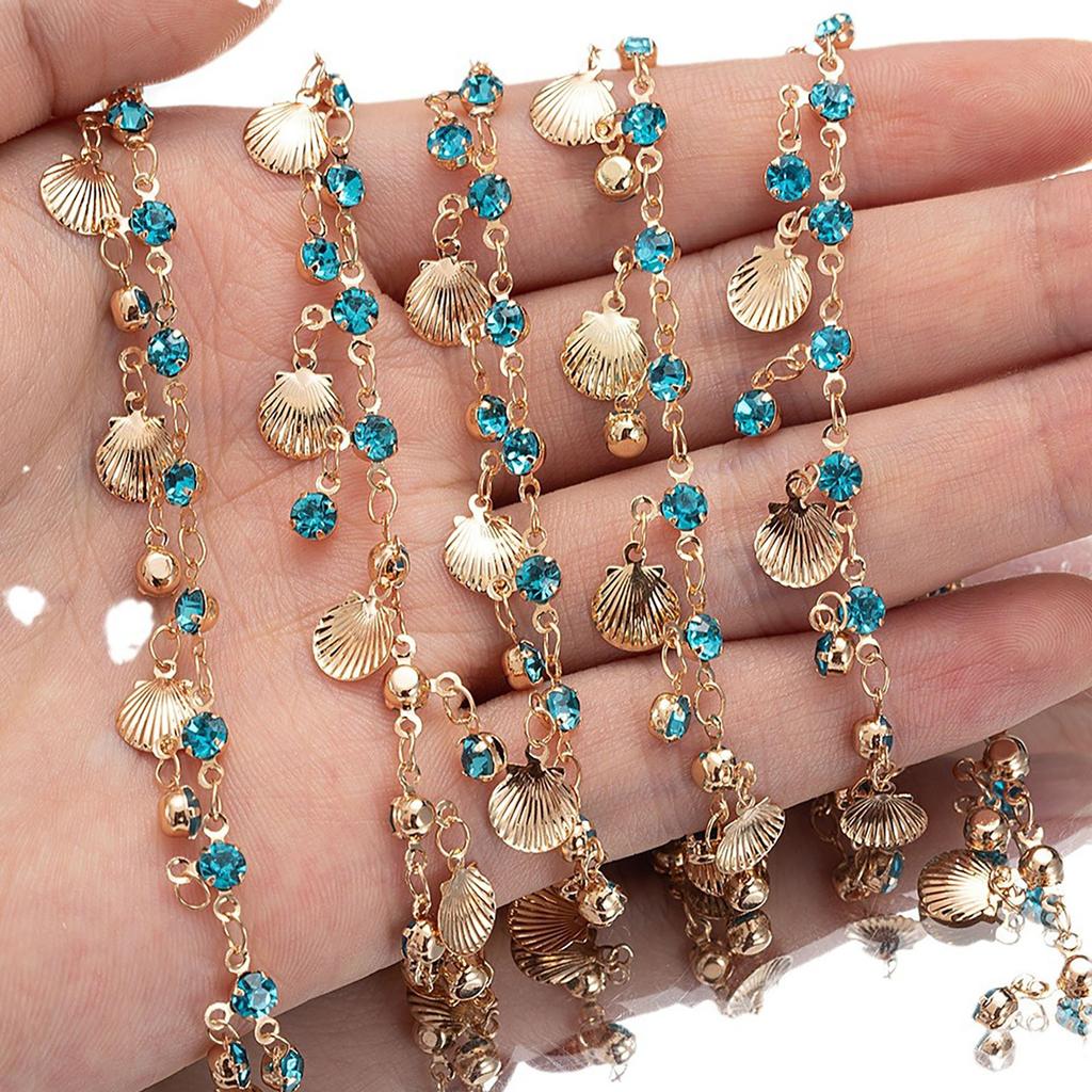 Link Chains for DIY Craft Blue Rhinestone Shell Vintage Style Tassel Chains for DIY Bracelet Supplies