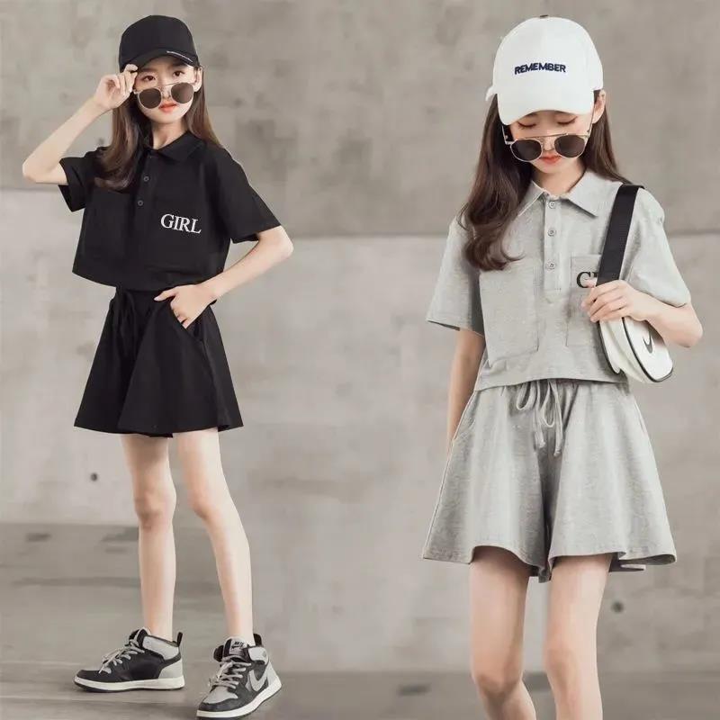 Mode Sommer Mädchen Freizeit Sport Kinder Mädchen Bekleidung Trainingsanzug Mädchen Zweiteiler Poloshirts Shorts Anzug Weicher Sport