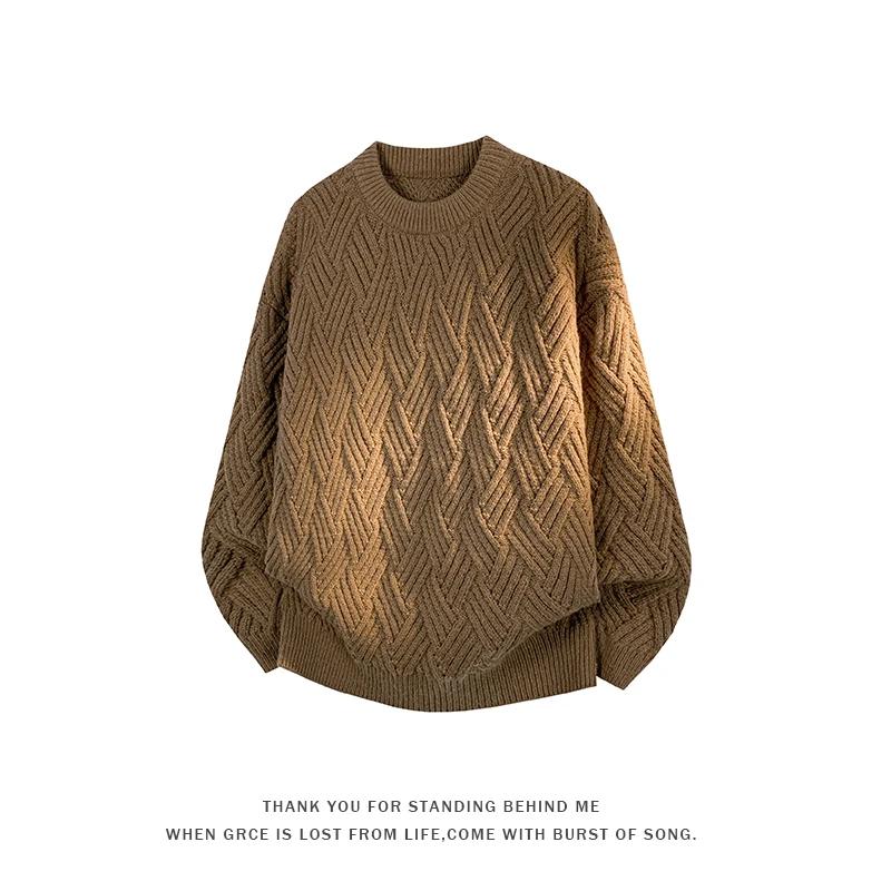 Pánské svetry s copánkovým vzorem s kulatým výstřihem na podzim a zimu 2025, pánský ležérní svetr jednobarevný, pánské pletené topy s kulatým výstřihem, pánské streetové pulovry