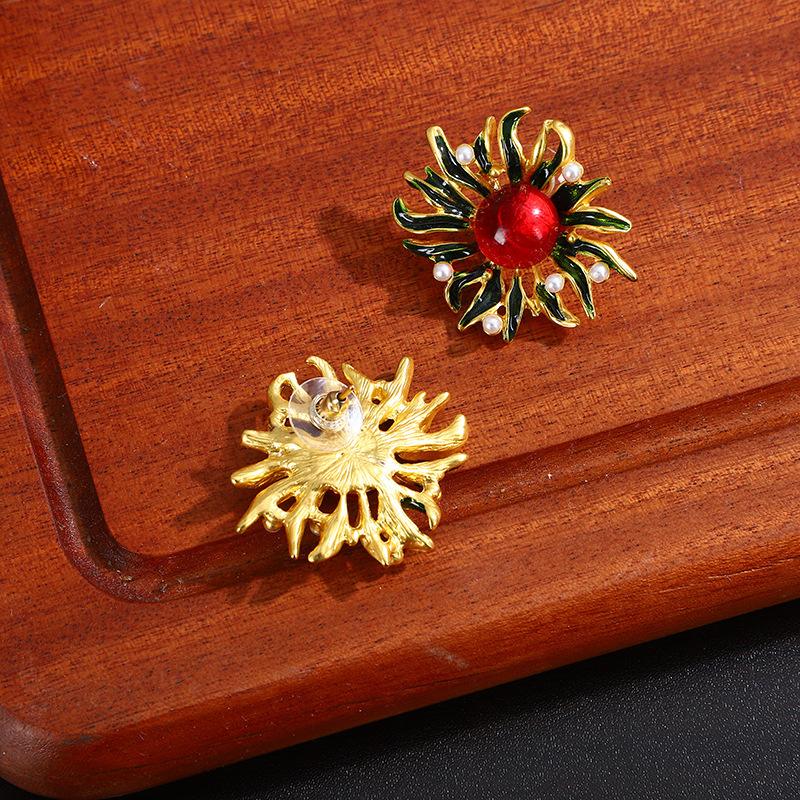 Boucles d'oreilles Puces Tournesol Émail Vintage Goutte d'Huile Boucles d'oreilles Perles Haut de Gamme Boucles d'oreilles Style Cour Médiévale Luxe Léger pour Femmes