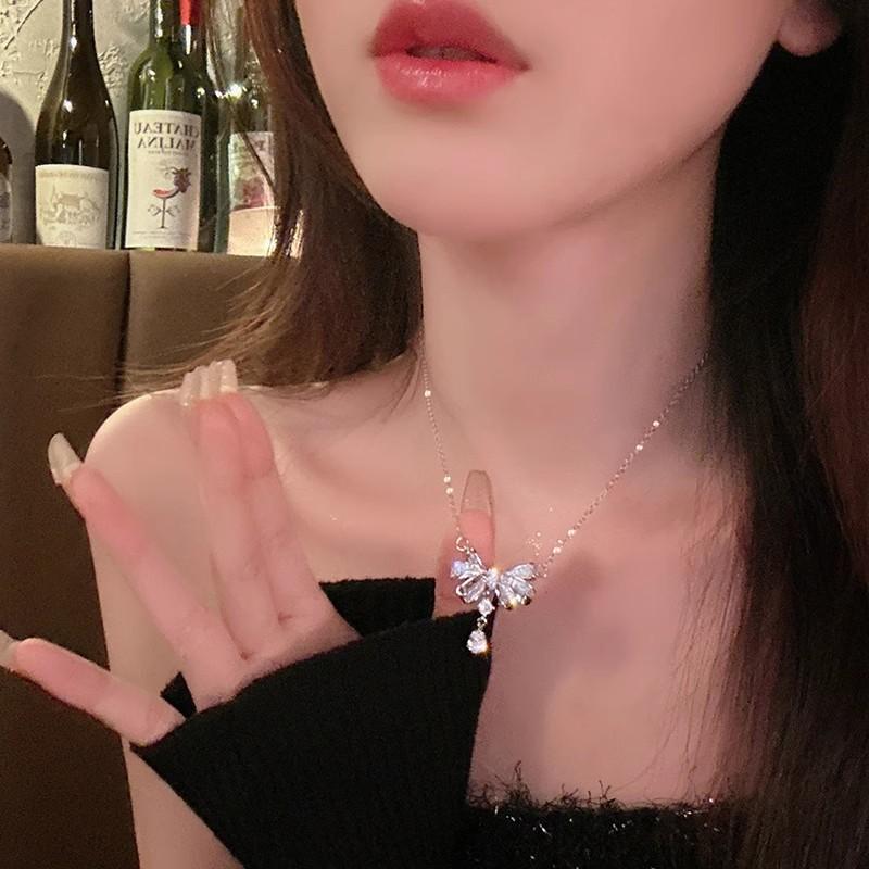 Korean Fashion Pink Crystal Heart Bow Tie Pendant Necklace Silver Color Chain Neck Necklace for Women Wedding Aesthetic Jewelry