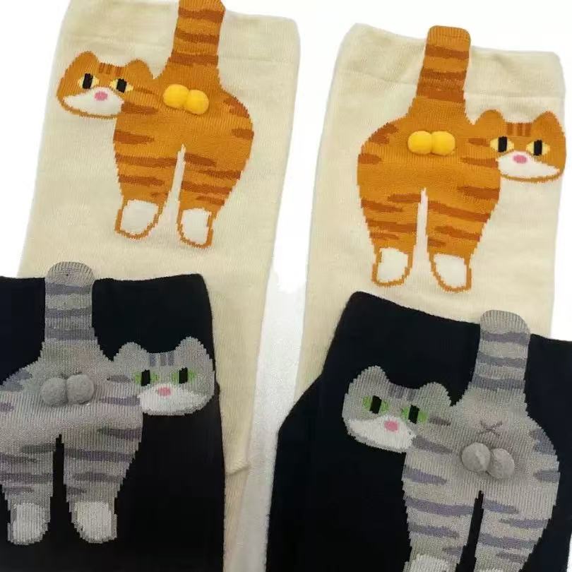 1 Paio Calzini da Donna con Motivo Gatto, Simpatici Calzini Animali a Metà Polpaccio per Primavera e Autunno, Calzini alla Moda Ins