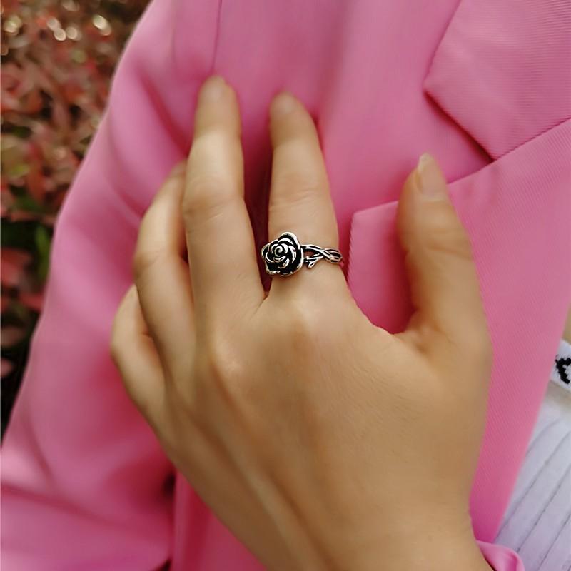 Adjustable Open Ring Women Men Vintage Rose Flower Design Minimalist Plated Finger