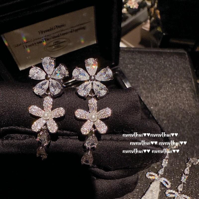 Vintage Floral Drop Earrings With Cubic Zirconia Pearl Beads Post Retro Bohemian Jewelry Women