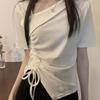 Irregular Drawstring Short-sleeved T-shirt Women's Summer New Design Sense American Spice Girl V-neck Front Shoulder Short Top