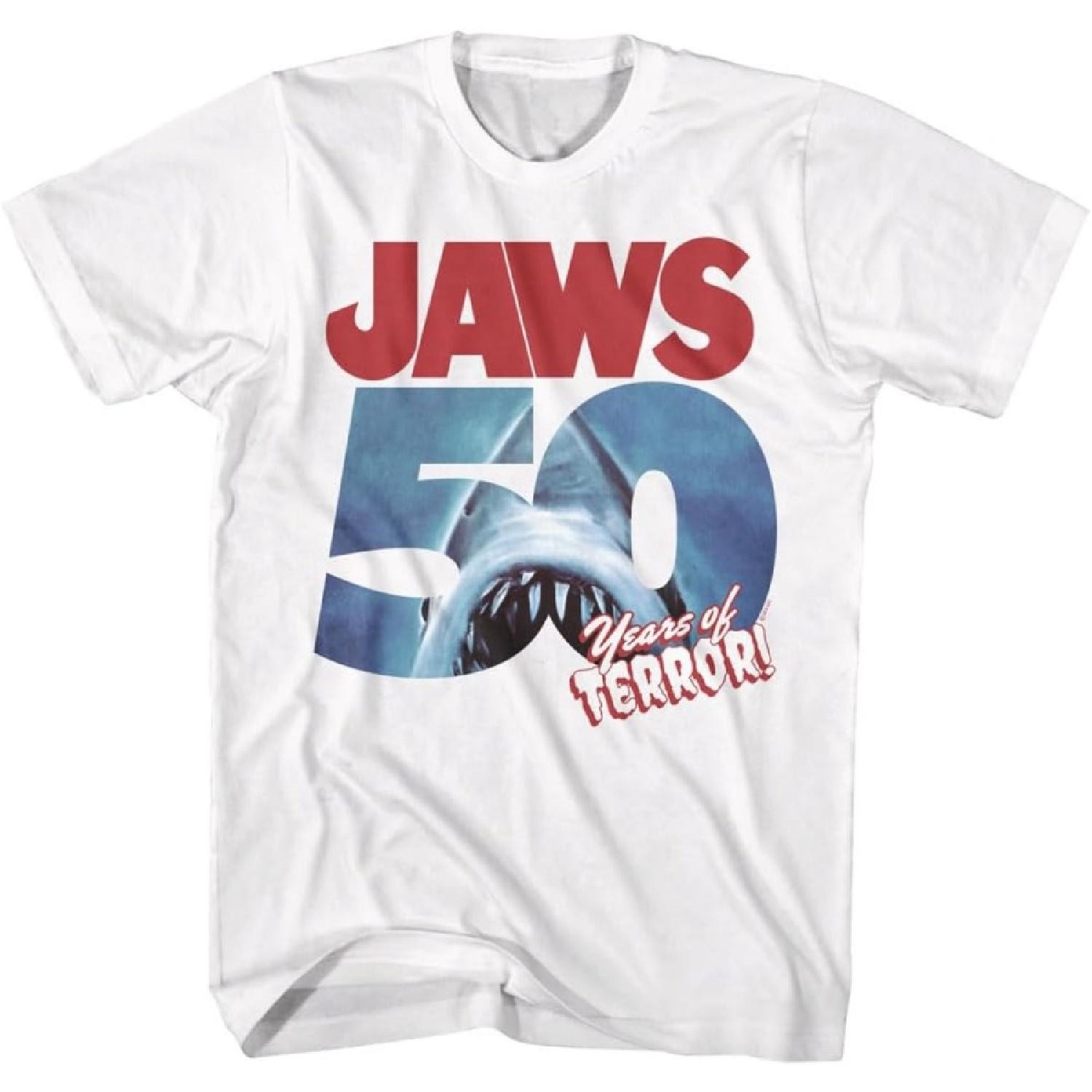 Jaws T Shirt 50 Years of Terror Adult White Short Sleeve Shark Horror Movie Vintage Style Graphic Tees S
