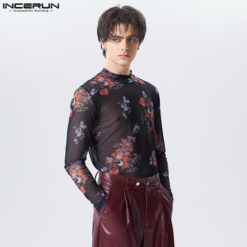 

INCERUN Летние мужские полупрозрачные топы с длинным рукавом и цветочным принтом