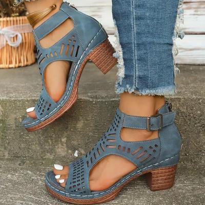 Lässige Plateausandalen für Damen im Sommer mit offener Spitze, einfarbig, ausgehöhltes Design mit Reißverschluss, High Heel-Sandalen
