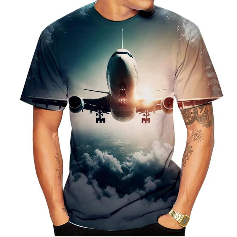 Summer new men's T-shirt 3D printed short sleeved airplane pattern fashion trend round neck