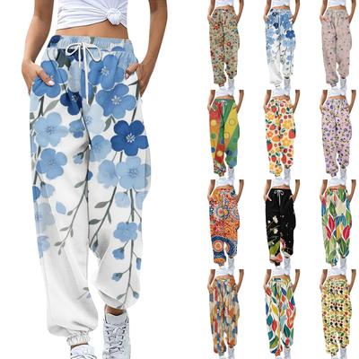 Women's Sports Pants With Pockets Fashion Floral Print Elastic Waist Pants Casual Sweatpants Pants