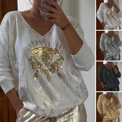 Women Casual Tops Round Neck Long Sleeve Regular Fit Sweatshirt Sequins Eyes Decor Sweatshirt Hot Stamping