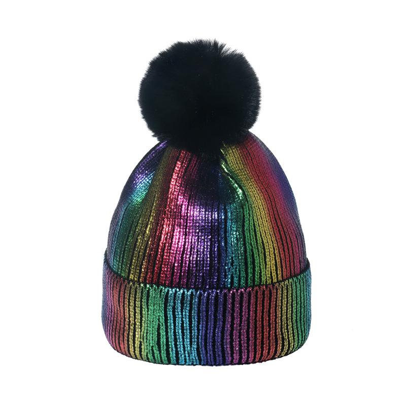 Autumn and Winter Bronzing Wool Hat Colorful Metal Hip-hop Street Hairball Knitted Hat Men and Women