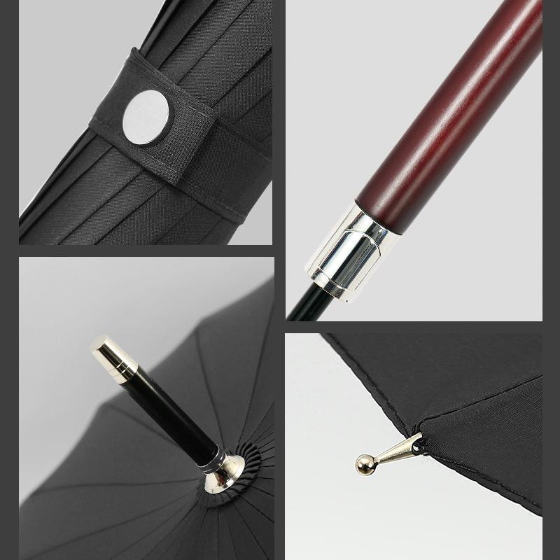 24 Bone Fiber Lotus Bone Wooden Handle Umbrella Men's High-grade Business Thickened Strong Straight Long Handle Umbrella