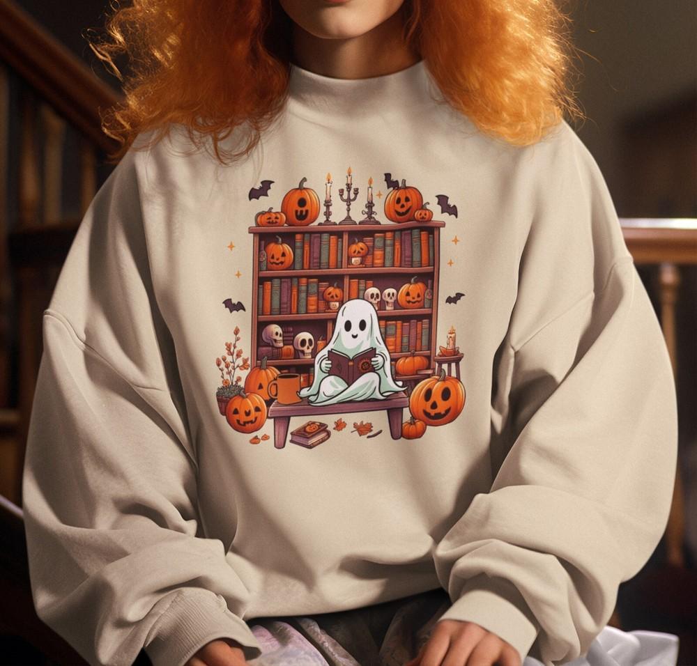 Ghost Reading Books Sweatshirt Librarian Ghost Halloween Halloween Teacher Shirt