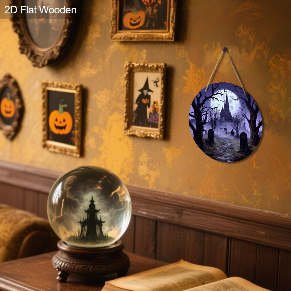 2D Flat 1pc Wooden Halloween Decorative Sign, 7.87x7.87 Inches Church Graveyard Moonlight Night Scene Halloween Decor, Yard Door Porch Window Wall