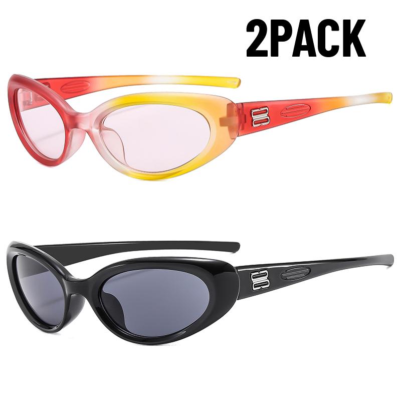 2PACK Fashion Candy Colour Retro Cat Eye Oval Sunglasses Black Small Frame Y2K UV Protective Sunglasses Outdoor Party Glasses