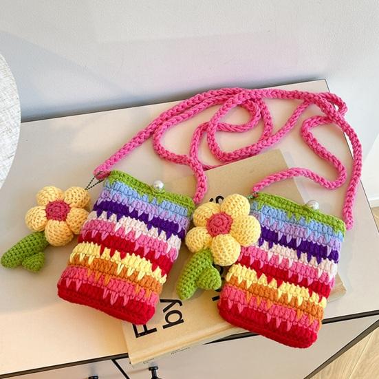 Women Crossbody Bag Colorful Crochet Cartoon Flower Pendant with Faux Pearl Lock Design