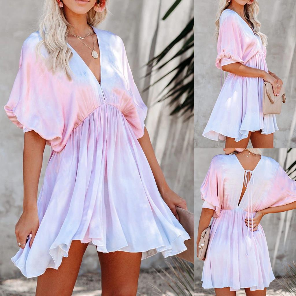 

Модное женское повседневное платье с v-образным вырезом и короткими рукавами с глубоким v-образным вырезом и принтом тай-дай