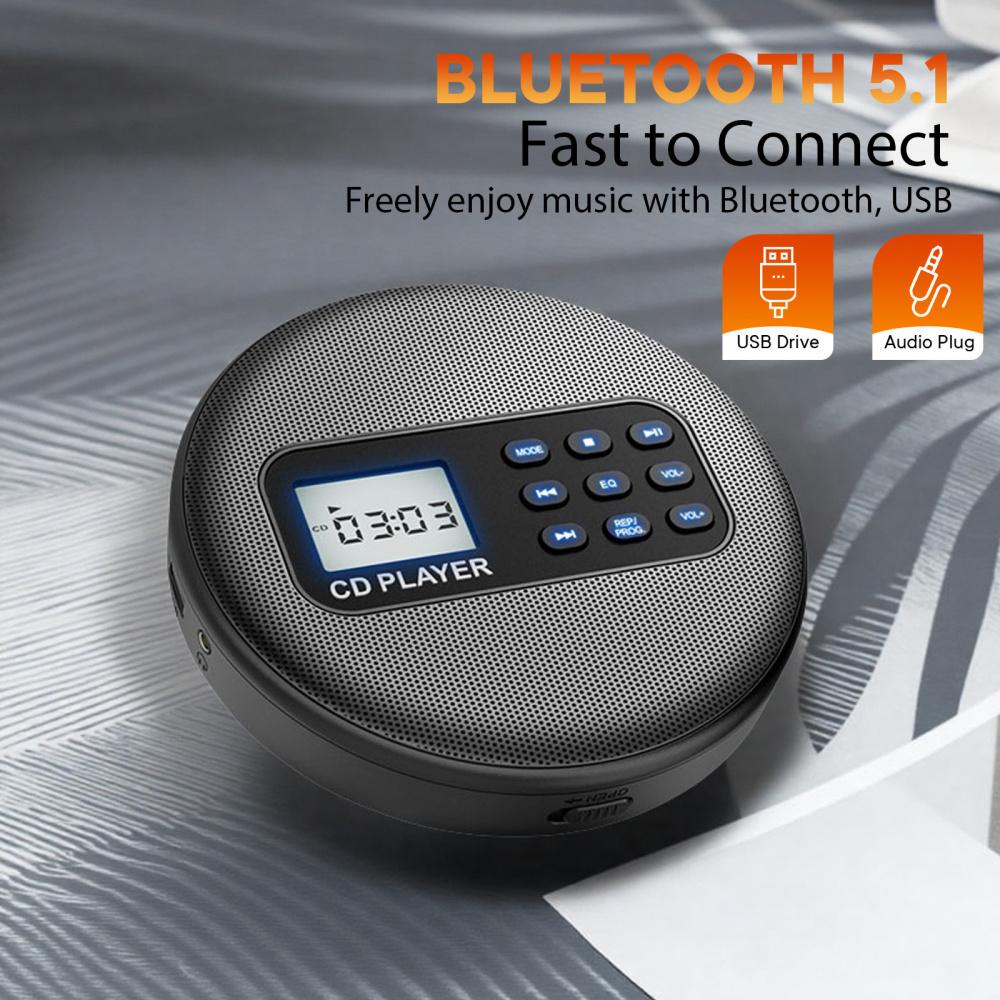 Portable CD Player with Built-in Stereo Speakers, Bluetooth 5.1, 1500mAh Rechargeable Battery, Support CD/MP3/USB Playback, Anti-Skip, EQ Settings