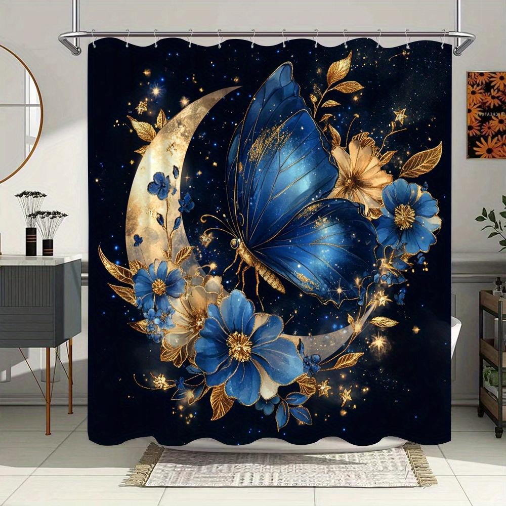 1Pc Celestial Fantasy Art Shower Curtain - Blue Butterfly With Golden Accents On Crescent Moon And Blue Flowers, Polyester Fabri