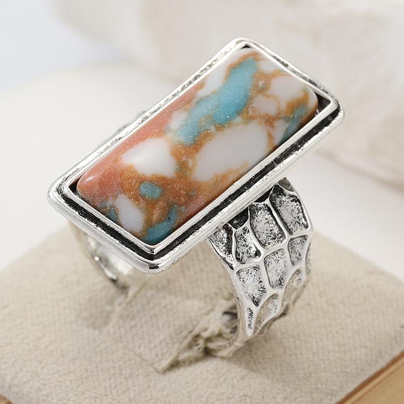 Ethnic Inlaid Multicolored Stone Women's Ring Vintage CopperColor Geometry Daily Wear Party Jewelry Anniversary Gift