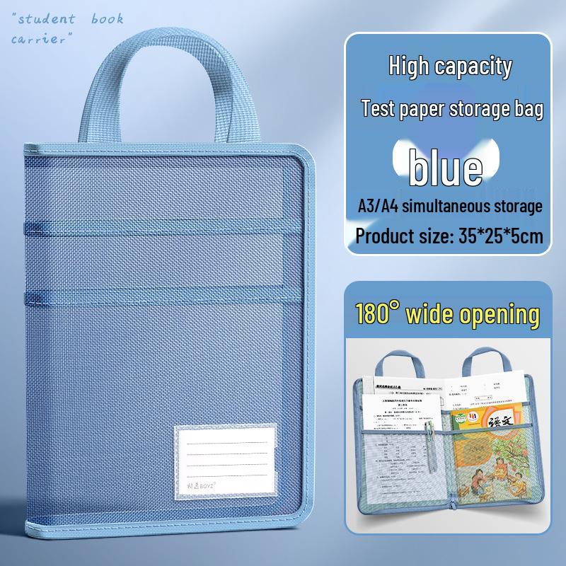 L-Shaped A4 Exam Paper Storage Bag with Zipper, Mesh Pockets, & Large Opening for Middle School Students
