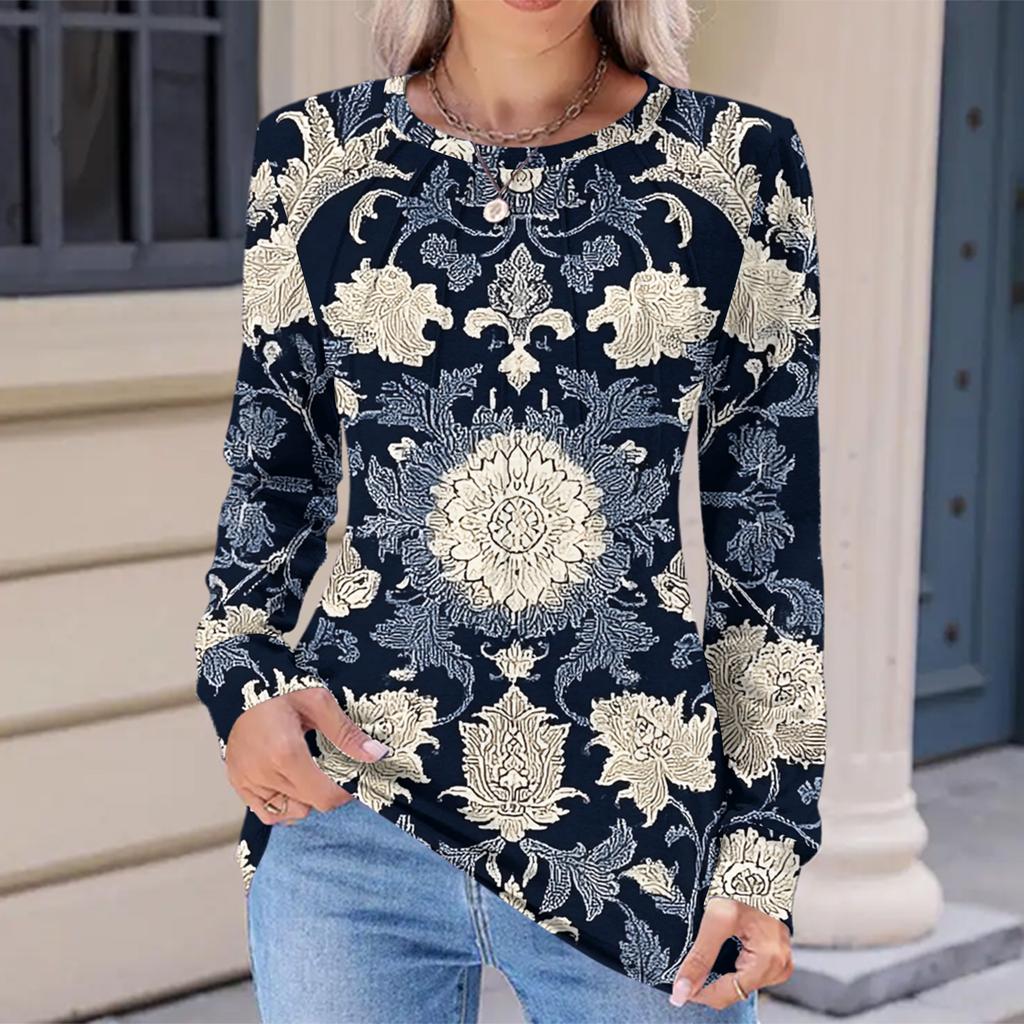 Women's Fashionable Casual Floral Retro Print Pleated Comfortable Round Neck Loose Long Sleeve T-shirt Top