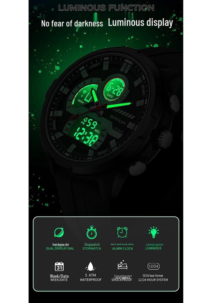 Sanda Electronic Sports Watch: Luminous, Waterproof, with Timer, Alarm, and Large Dial for Students and Men