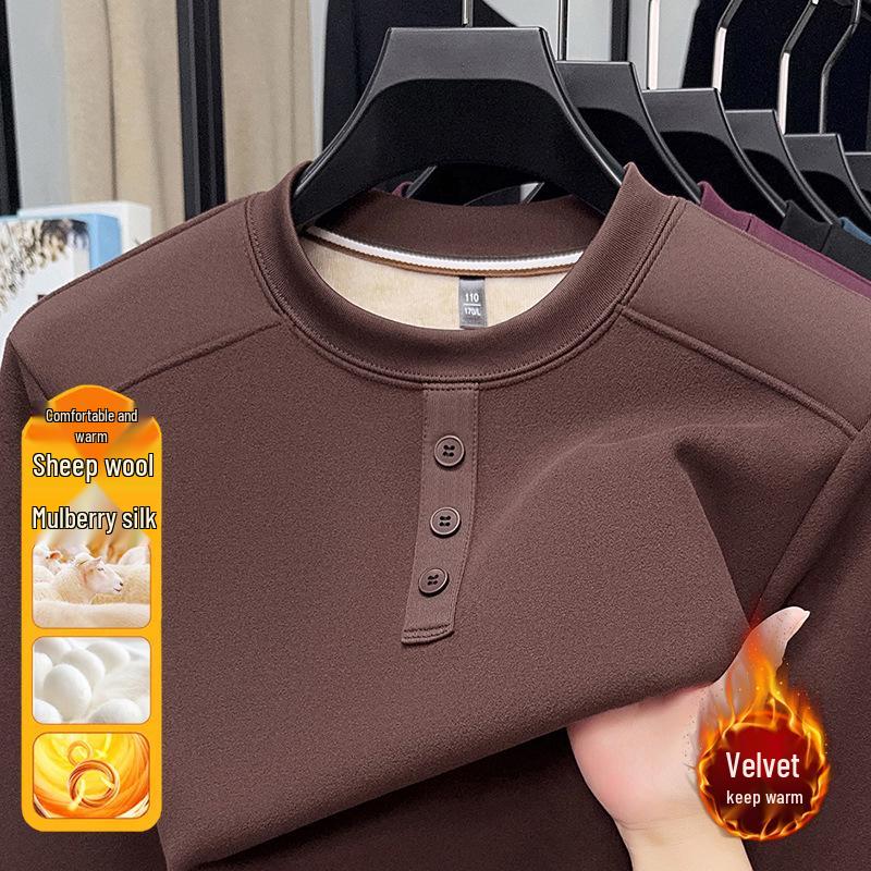 Men s Fleece-Lined Round Neck Hoodie - 2025 Winter Fashion - Casual Long Sleeve Top for Middle-Aged Dads 2XL