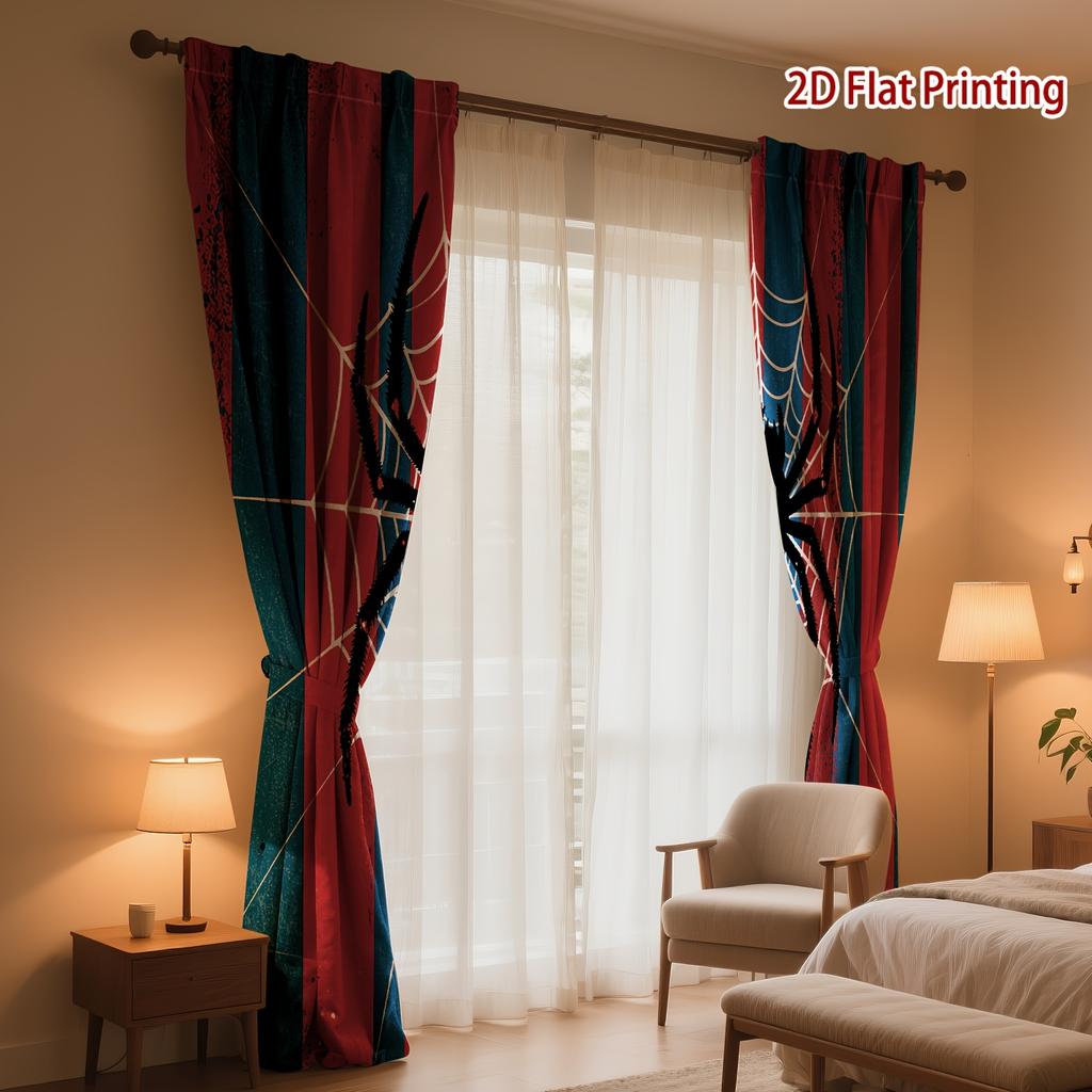 2PCS Halloween Curtains, Red Blue Stripe Spider, Digital Print, Bedroom Living Room, Office, Kitchen, Window Treatment