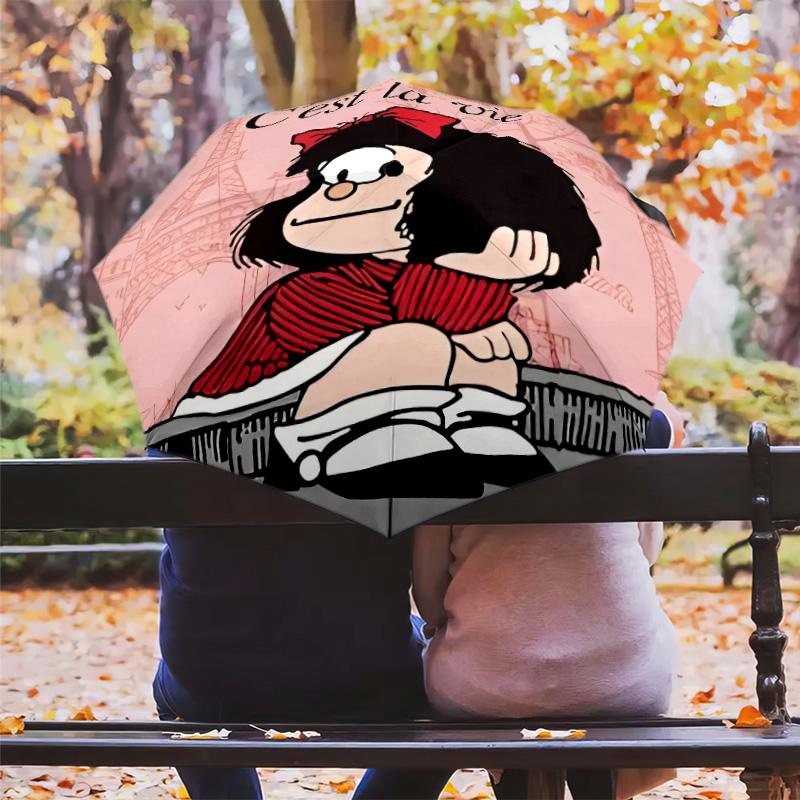 1 PC Automatic Folding Umbrella - Mafalda Pattern Portable Foldable Design With 8 Ribs Christmas Birthday Gifts