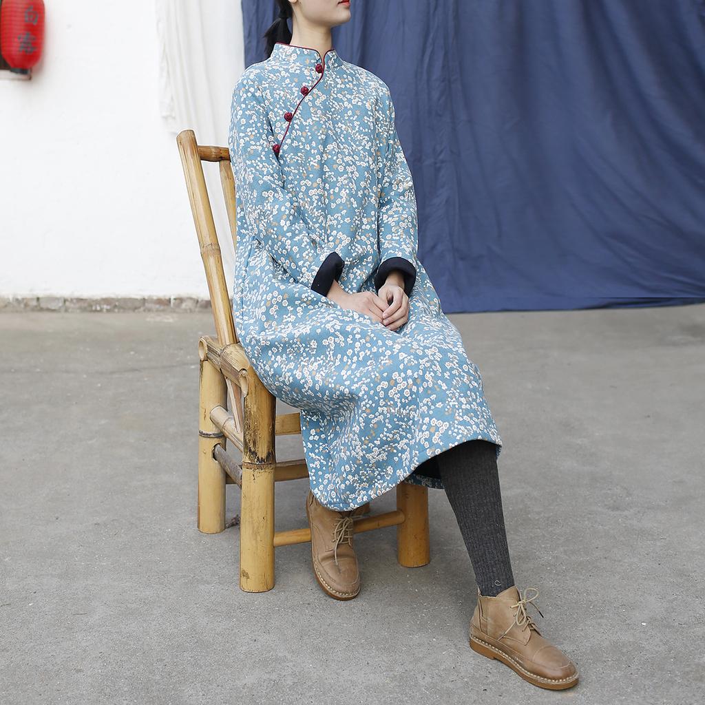 Johnature Women Chinese Style Dresses Stand Long Sleeve Spring Thick Female Print Floral A-Line Dresses