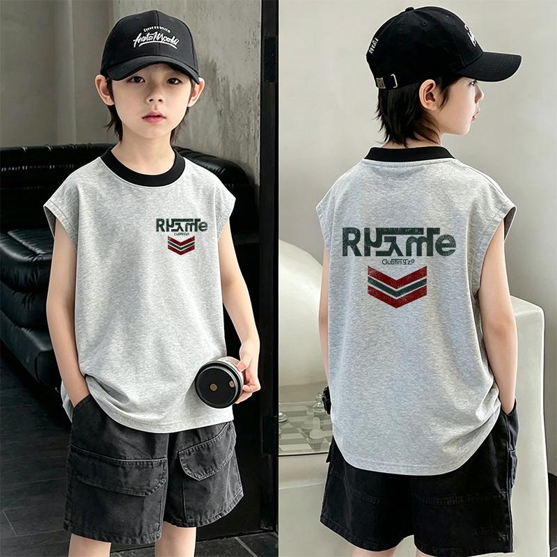 Boys' 2026 Summer Color Block Cotton Vest: Trendy Sleeveless T-shirt for Medium & Older Boys