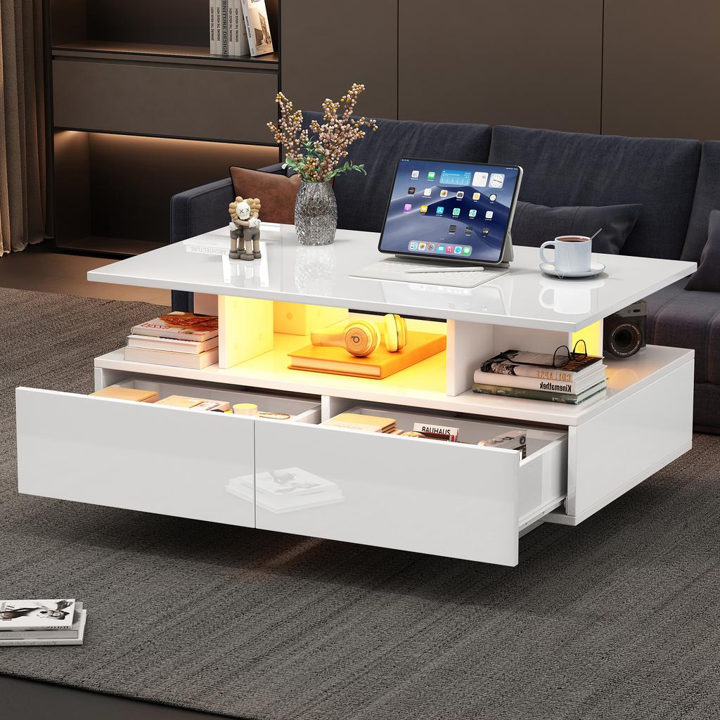Modern High-Gloss Coffee Table with LED Lighting and 2 Drawers – Stylish 90x55x41 cm Side Table with Storage, Load Capacity up to 30 kg