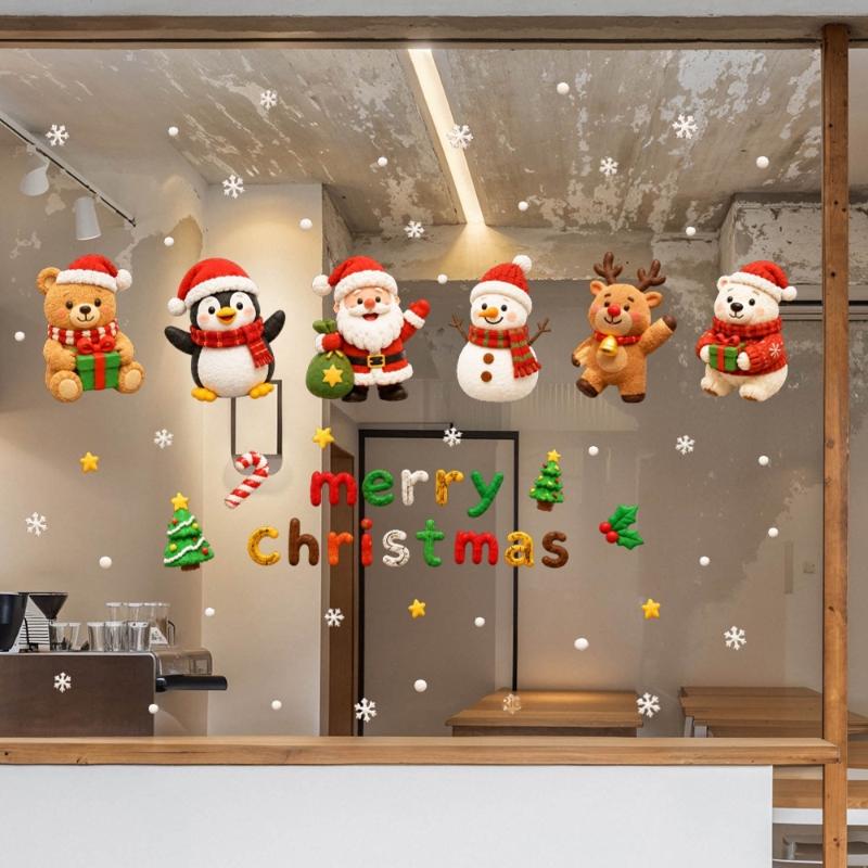 Cute Christmas Window Stickers Same Color Both Sides Self Adhesive Decals for Shopping Mall Home Shop Xmas Window Decor