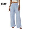 Breathable Summer Pants Women Striped Wide Leg Pants, Elastic Waist Casual Trousers Trousers, Loose Fit Palazzo with Pockets Lightweight