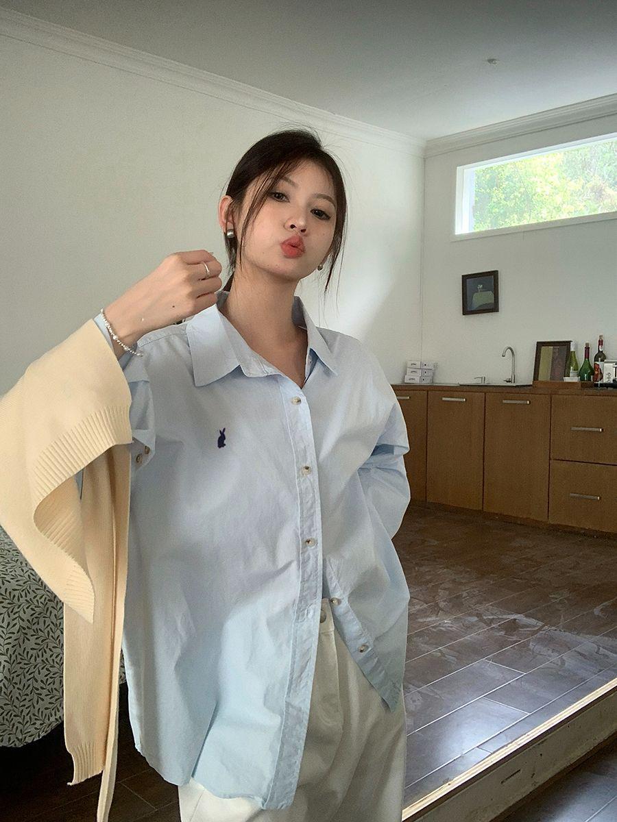 

Кардиган-рубашка с длинным рукавом в японском стиле с вышивкой кролика для весны/лета 2025 XXL светло-синий