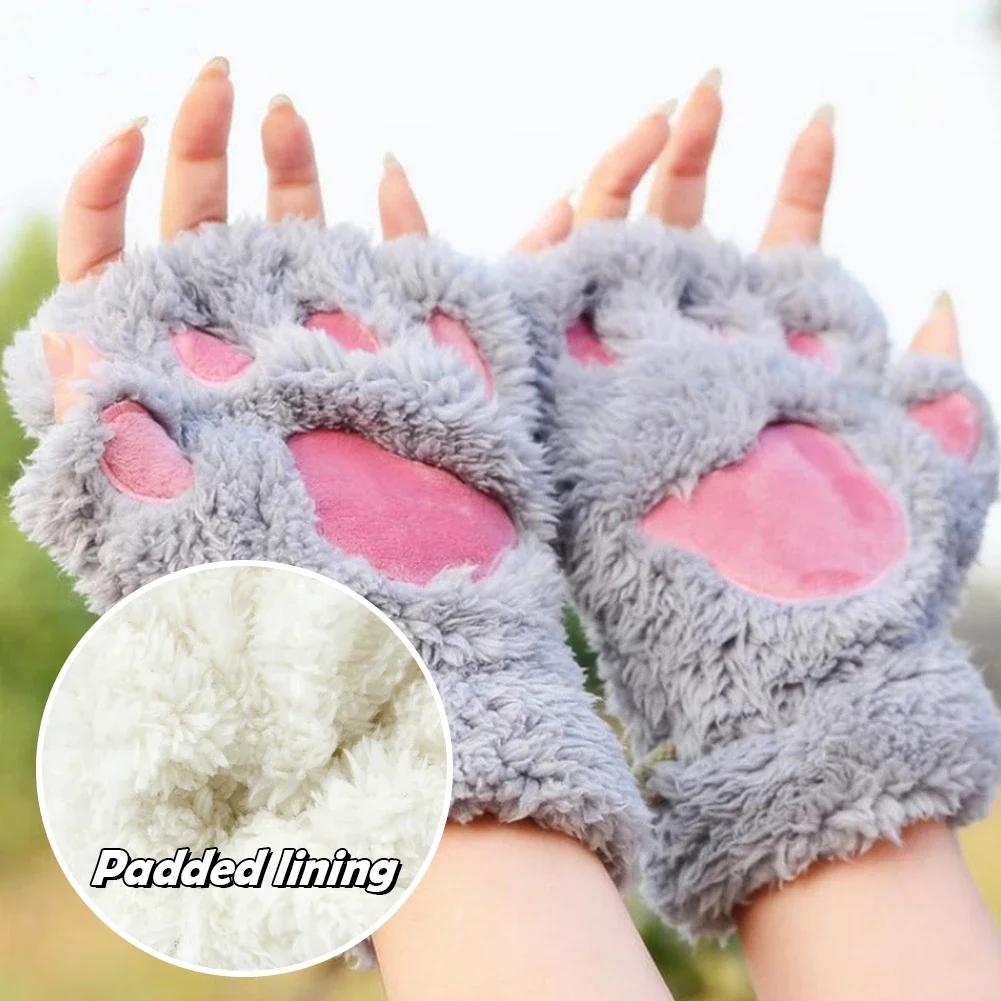 Soft Plush Cat Claw Gloves Winter Warm Cute Cartoon Cat Girls Fingerless Gloves Thickened Velvet Bear Paw Half Finger Gloves