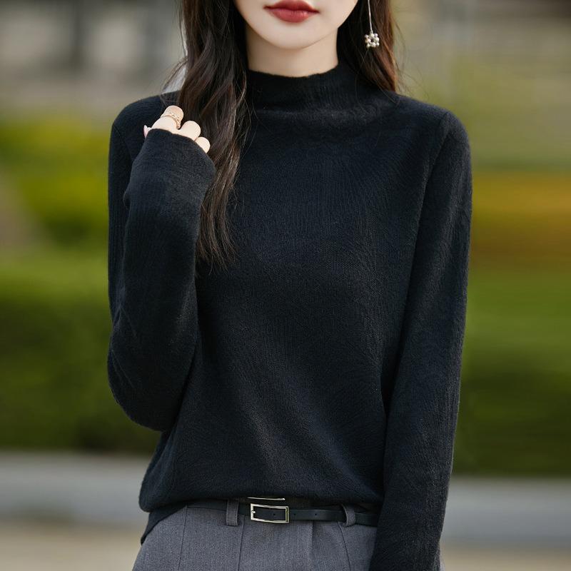 Elegant three-dimensional carved worsted thin semi-turtleneck knitted bottoming shirt femininity with thin top