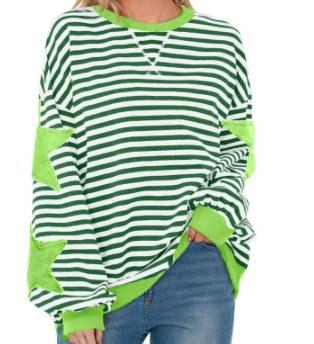 Women's Crew Neck Long Sleeve Sweatshirt A Line Fit Striped Star Patchwork Casual Spring Pullover Top
