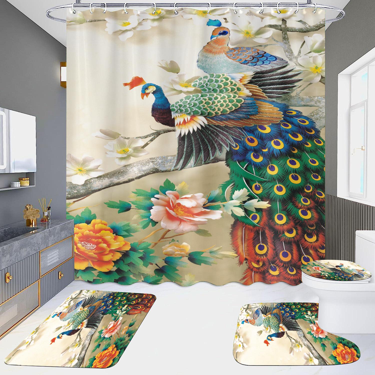 

HD занавеска для душа, набор из четырех предметов, водонепроницаемая без дырокола, ванная комната, отель, туалетная перегородка, занавеска Павлин Full sets