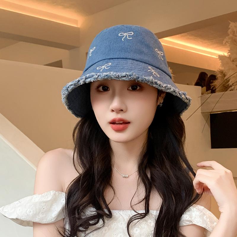 New denim rough edge bucket hat women's versatile embroidered bow basin hat show face small temperament sun hat