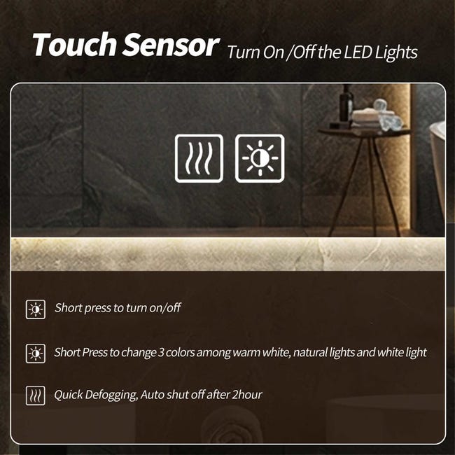 Rectangular LED Bathroom Mirror with Gold Frame, Three-Color Touch Lighting, Adjustable Brightness, Anti-Fog Function, HD Shatter-Resistant Glass