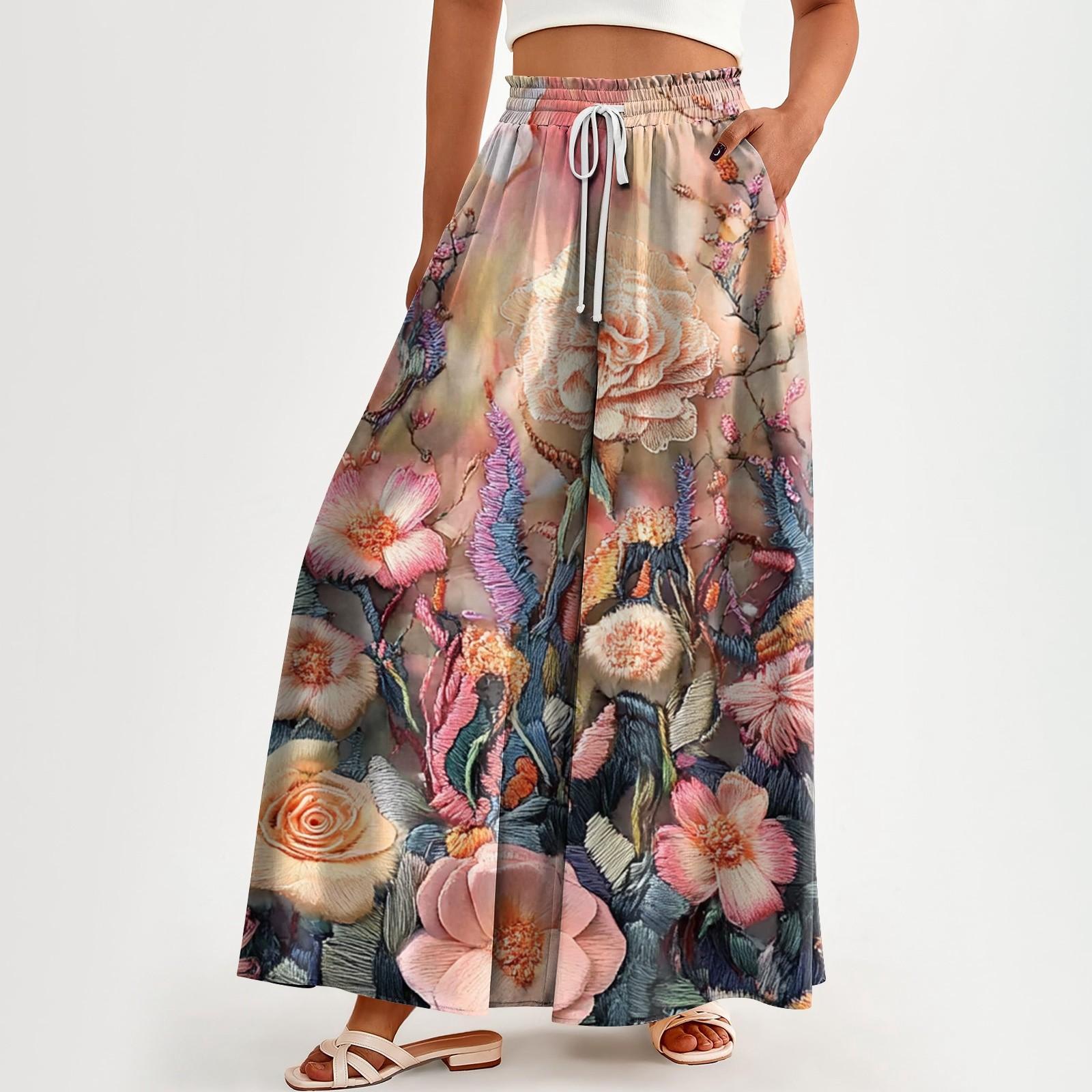 

Женские брюки с высокой талией и карманами, повседневные брюки с цветочным принтом S розовый