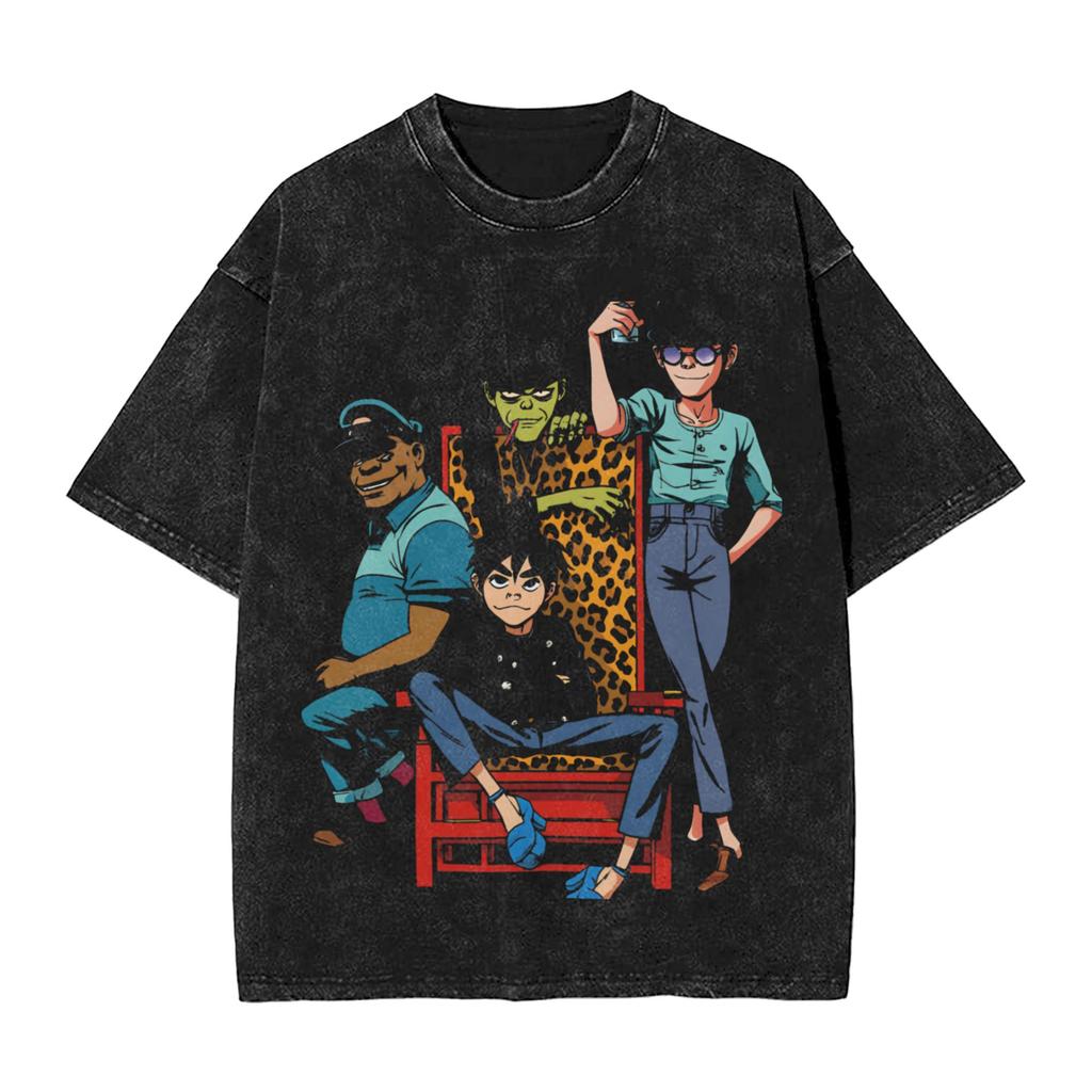 Streetwear Washed Tshirt Gorillazs Cotton Tshirts Novelty Tshirt For Male Summer Awesome Pattern Clothing