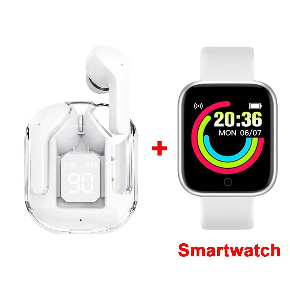 Transparent Bluetooth Headphones LED Power Digital Display Stereo Wireless Earphones TWS Earbuds Sport Headset +Smart Watch